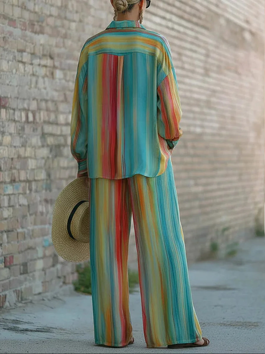 Stylish Artistic Striped Colorful Linen And Cotton Shirt And Pants Two-piece Set
