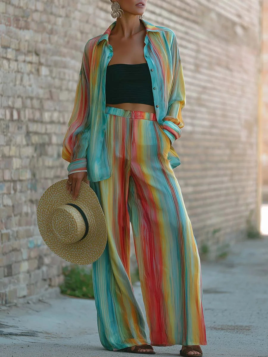 Stylish Artistic Striped Colorful Linen And Cotton Shirt And Pants Two-piece Set