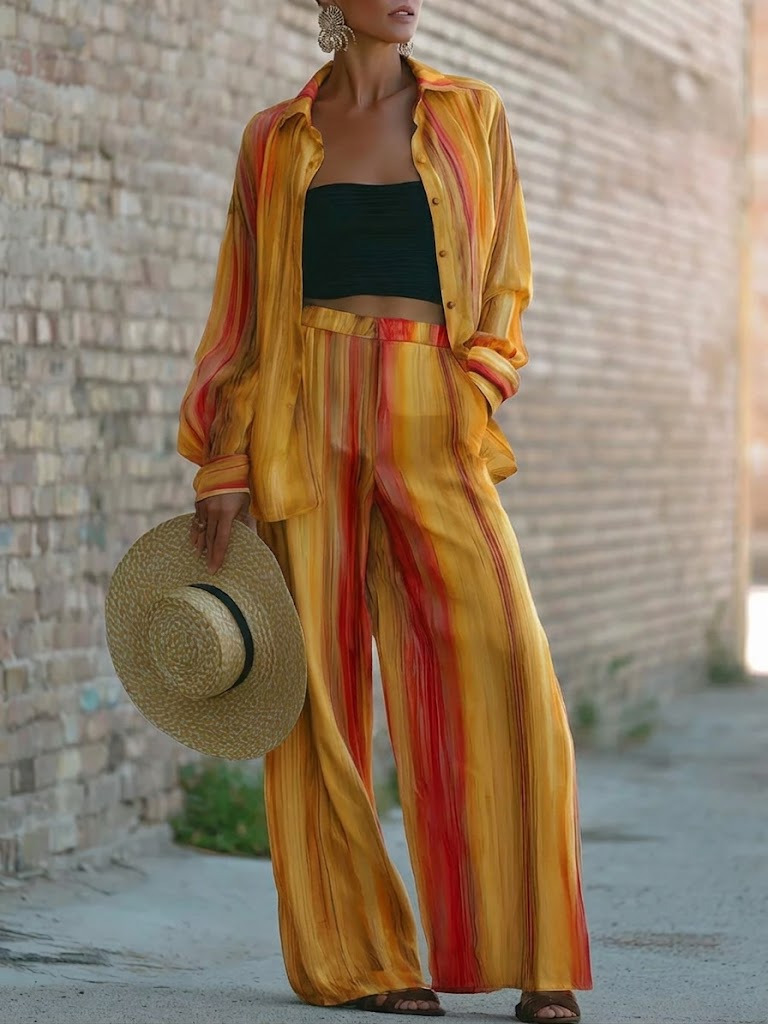Stylish Artistic Striped Colorful Linen And Cotton Shirt And Pants Two-piece Set